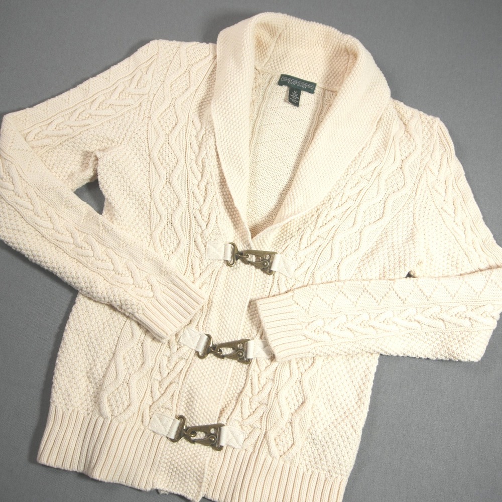 Lauren Ralph Lauren Cable Knit Claw Clasp Women Cardigan M Coastal Chunky Nordic